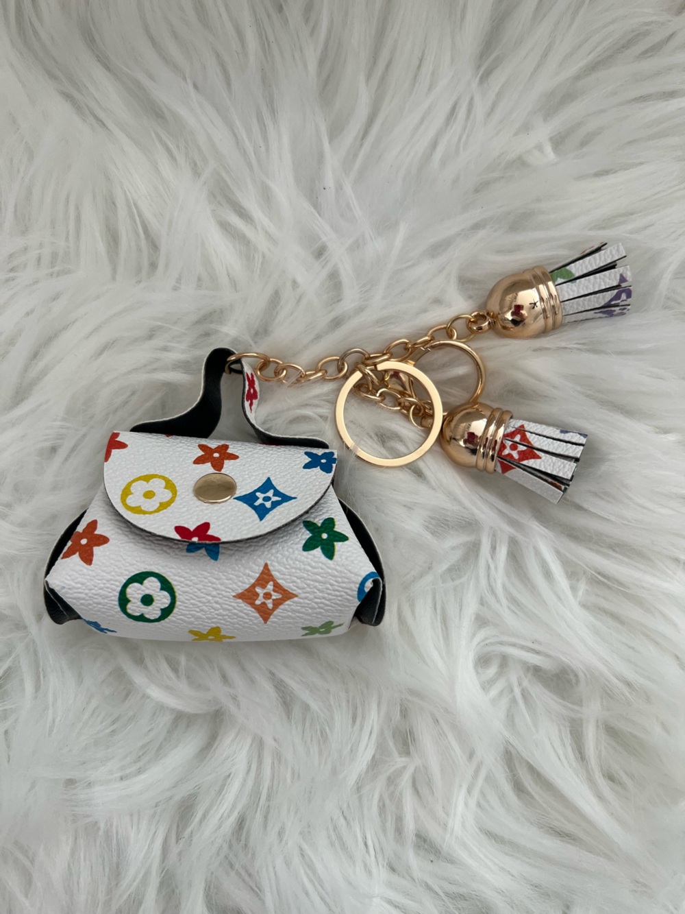 White Multicolor Monogram Mini Purse Keychain with Gold Tassels (Unbranded)